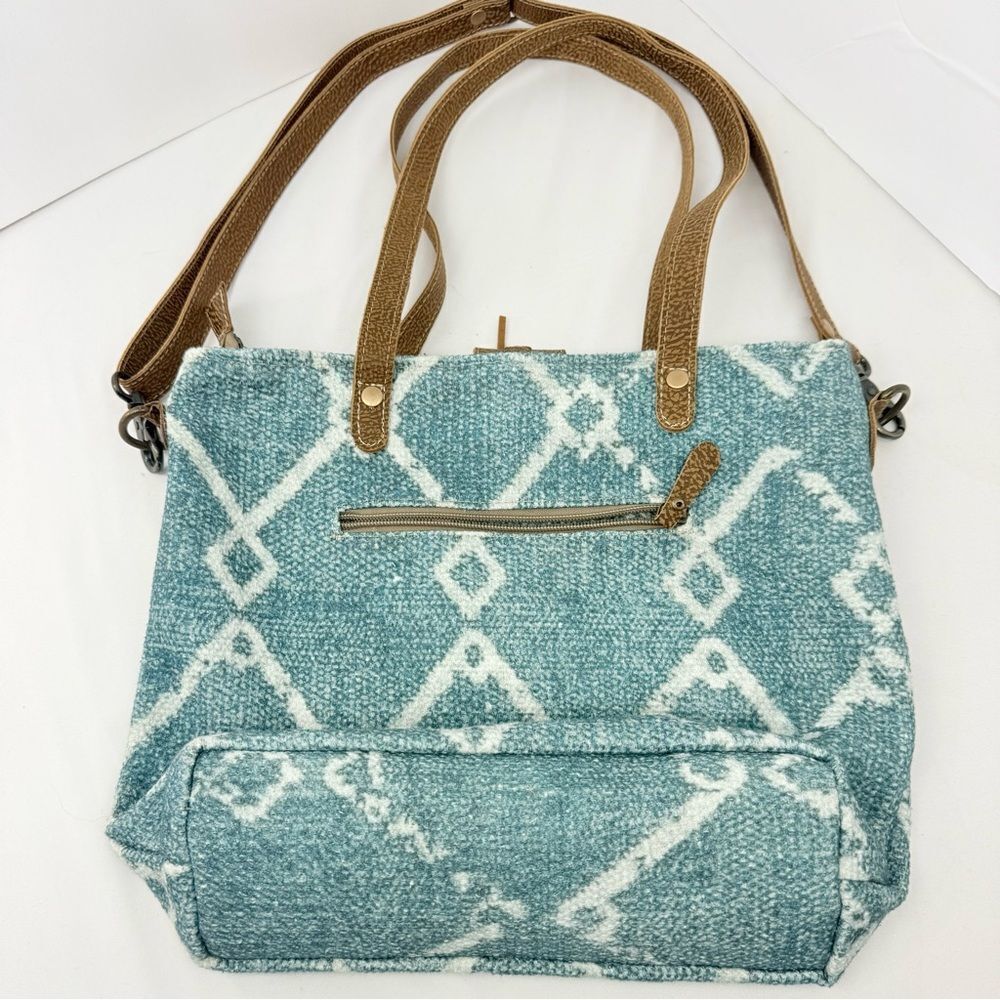 Myra BEGUILE Blue White Rug Canvas Brown Leather Upcycled Tote Bag - Picture 12 of 16